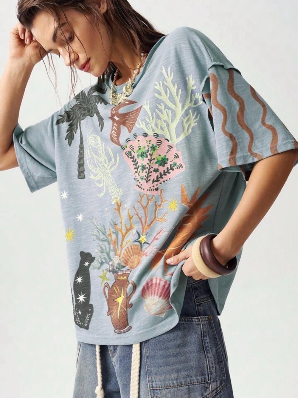 Boho Seaside Graphic Tee bird Palm tree cat- short sleeve t-shirt Blue Green - Picture 3 of 5